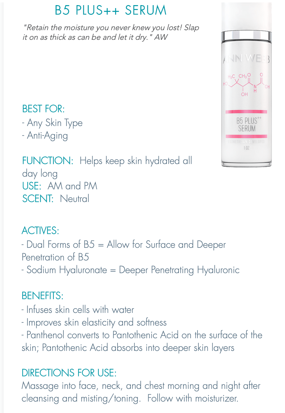 💧ANN WEBB Skin Care for Face B5 Serum - Webb Skin w/ Hyaluronic Acid visibly softens fine lines, moisturizes & plumps skin-