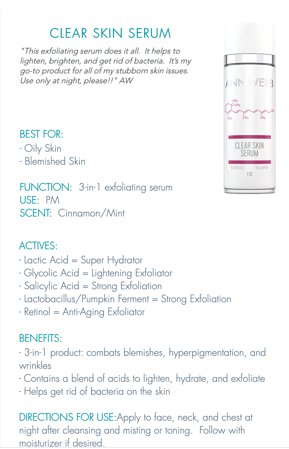 ANN WEBB Clear Skin Hydrates, Brightens Exfoliates and has anti-aging properties Made in America