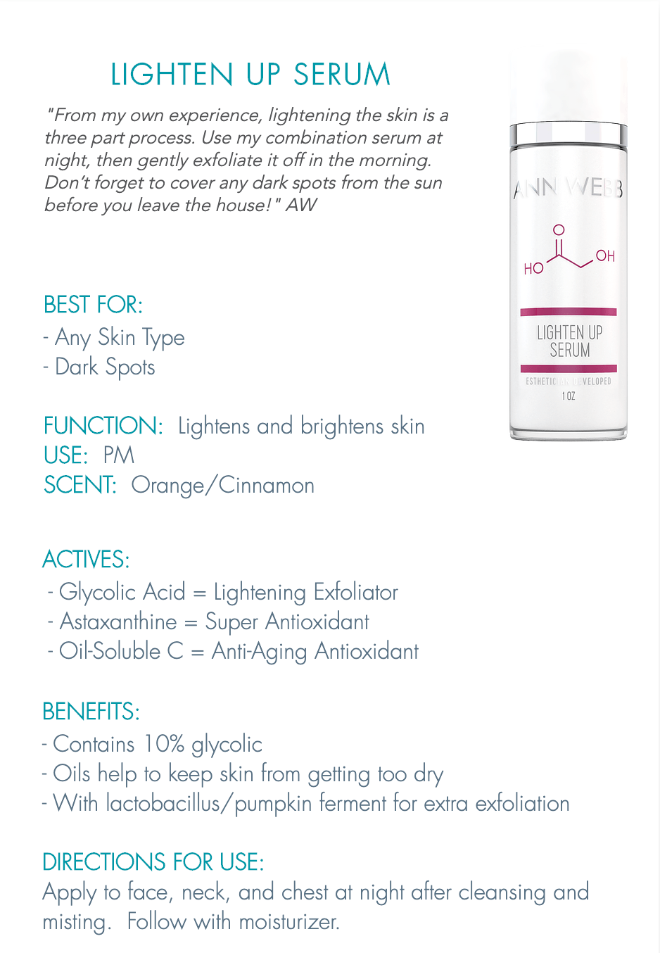 ANN WEBB Lighten Up Serum lighten & brighten your skin Made in America