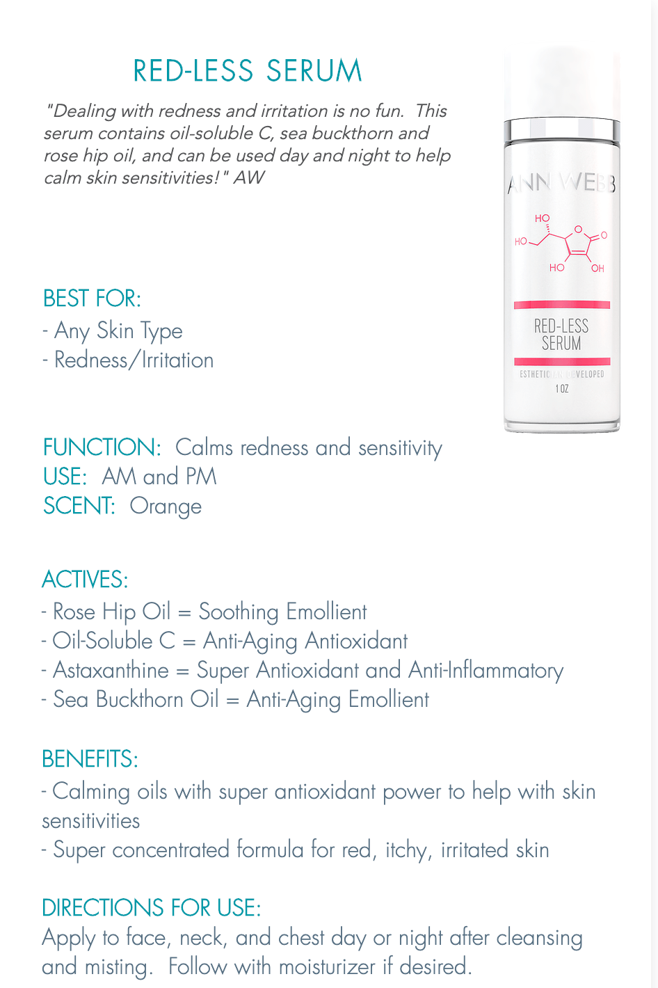 ANN WEBB Redless Relief Serum: Anti-aging serum fights rosacea, hydrates & boosts collagen. Made in America.
