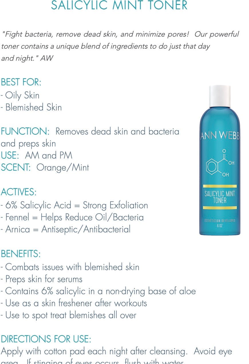 ANN WEBB Skin Products Salicylic Mint Toner: Removes dead skin, & minimize pores Powerful toner. Made in America
