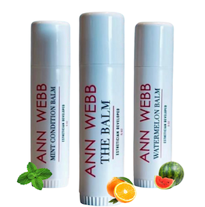 Ann Webb The Balm in three flavors - Original, Mint, and Watermelon - oversized multi-use lip balm