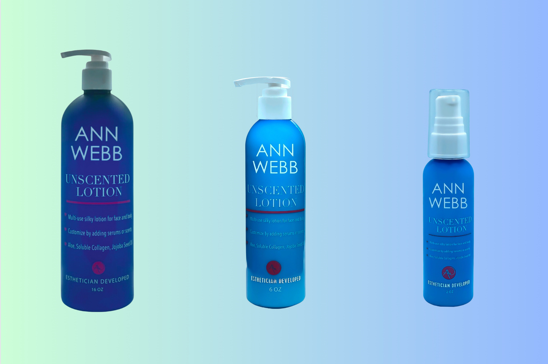 Ann Webb Unscented Lotion in three sizes - silky face and body moisturizer with aloe and jojoba oil