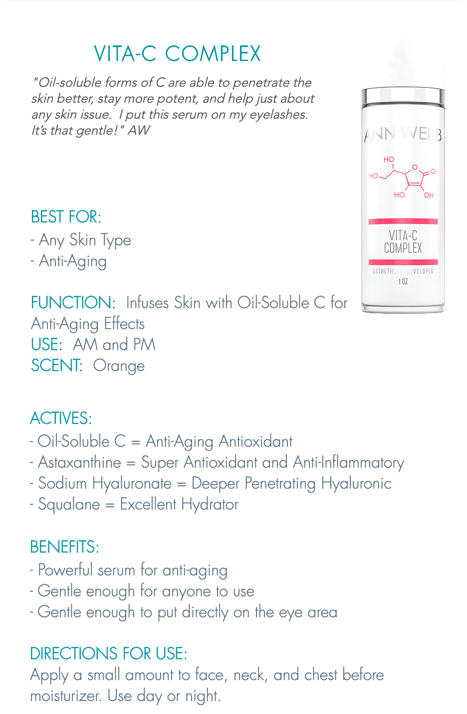 Ann Webb Vitamin C Serum product information sheet - ingredients and benefits