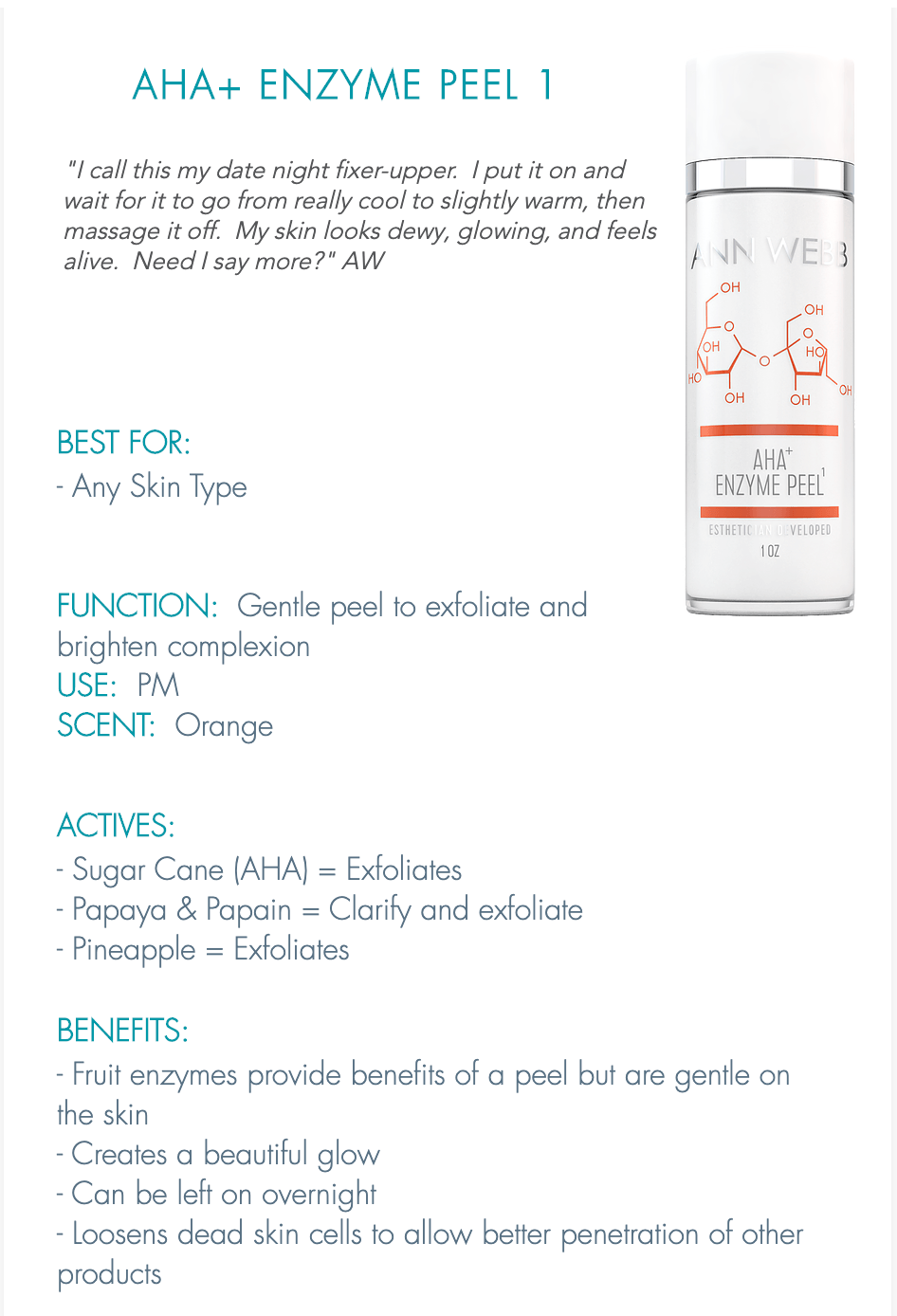 ANN WEBB Skin Products ENZYME AHA PEEL: Gentle Fruit Enzyme Peel to Brighten Complexion & Exfoliate Skin Made in USA