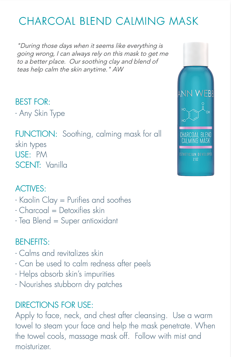 ANN WEBB Skin Products Charcoal Clay Mask a soothing clay w/ blend of teas help calm irritated skin Made in America