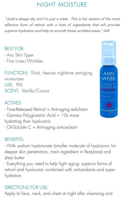 ANN WEBB Night Moisture: Night Anti-Aging, Thick Night Cream with effective form of retinol.  MAde in America