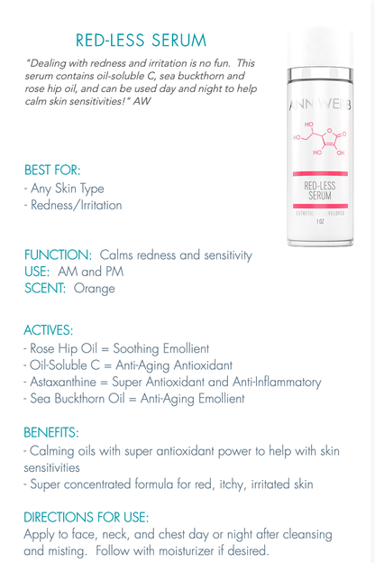 ANN WEBB Redless Relief Serum: Anti-aging serum fights rosacea, hydrates & boosts collagen.  Made in America.
